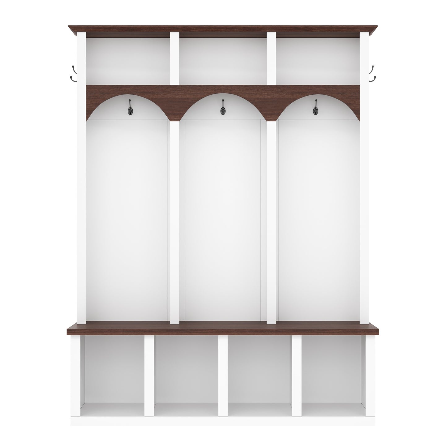 Farmhouse Wooden Style Hall Tree with Arched Design, Practical Entryway Walnut Storage Bench with 5 Black Hooks, Minimalist 4-in-1 Hallway Shoe Cabinet with 7 Cubbies for Mudroom, Living Room, White