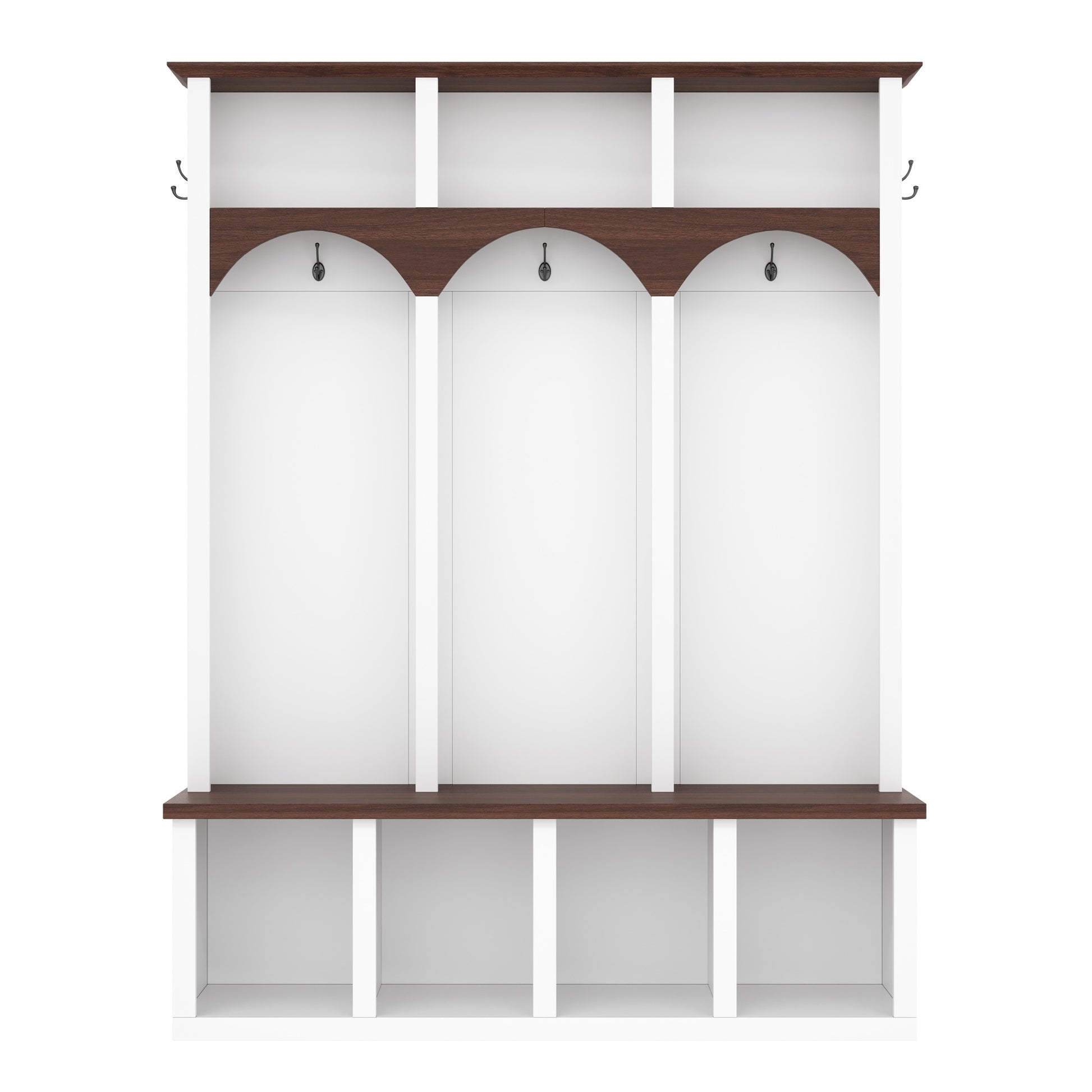 Farmhouse Wooden Style Hall Tree with Arched Design, Practical Entryway Walnut Storage Bench with 5 Black Hooks, Minimalist 4-in-1 Hallway Shoe Cabinet with 7 Cubbies for Mudroom, Living Room, White