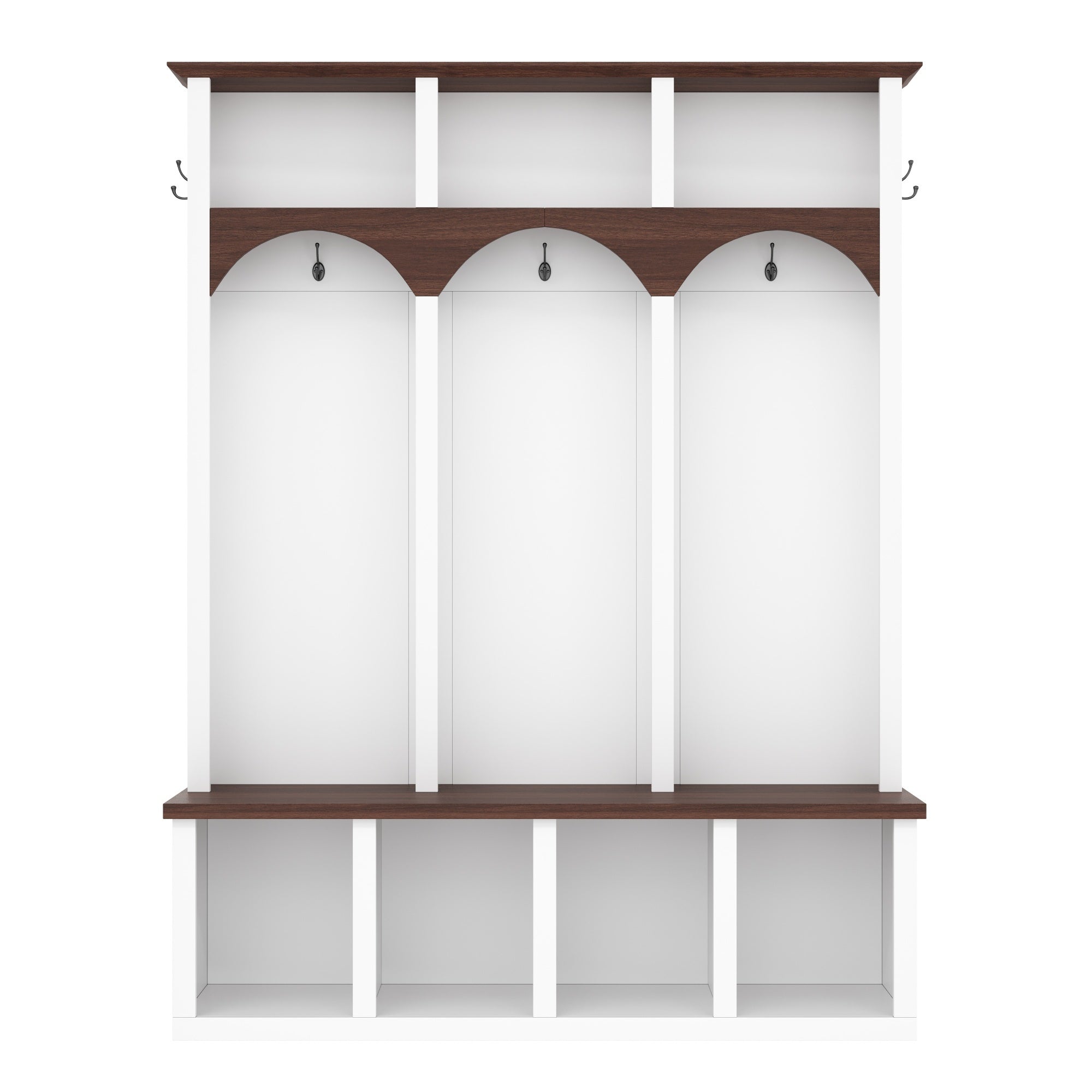 Farmhouse Wooden Style Hall Tree with Arched Design, Practical Entryway Walnut Storage Bench with 5 Black Hooks, Minimalist 4-in-1 Hallway Shoe Cabinet with 7 Cubbies for Mudroom, Living Room, White