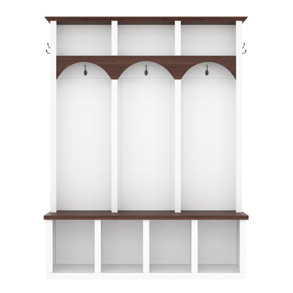 Farmhouse Wooden Style Hall Tree with Arched Design, Practical Entryway Walnut Storage Bench with 5 Black Hooks, Minimalist 4-in-1 Hallway Shoe Cabinet with 7 Cubbies for Mudroom, Living Room, White