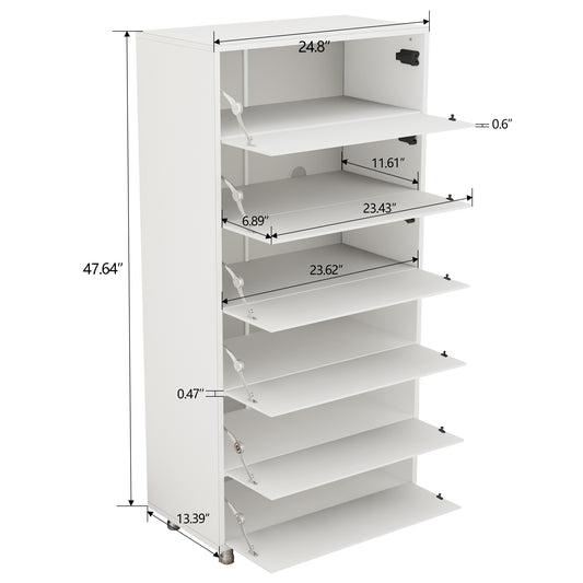 Mirror Shoe Cabinet With 6 Flip Drawers, Mirror Shoe Rack Organizer Store Ample Shoes, Mirror Shoe Storage With 4 Metal Legs, Door Opening Using Hand-Touch Flip-Out Door, White Shoe Storage