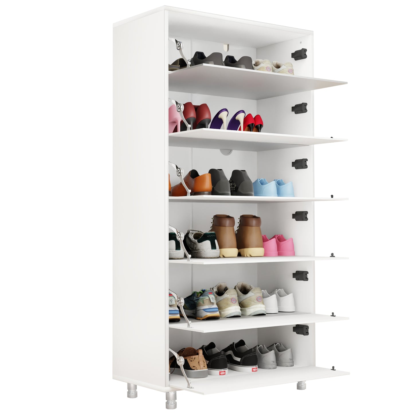 Mirror Shoe Cabinet With 6 Flip Drawers, Mirror Shoe Rack Organizer Store Ample Shoes, Mirror Shoe Storage With 4 Metal Legs, Door Opening Using Hand-Touch Flip-Out Door, White Shoe Storage