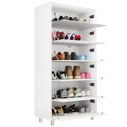 Mirror Shoe Cabinet With 6 Flip Drawers, Mirror Shoe Rack Organizer Store Ample Shoes, Mirror Shoe Storage With 4 Metal Legs, Door Opening Using Hand-Touch Flip-Out Door, White Shoe Storage