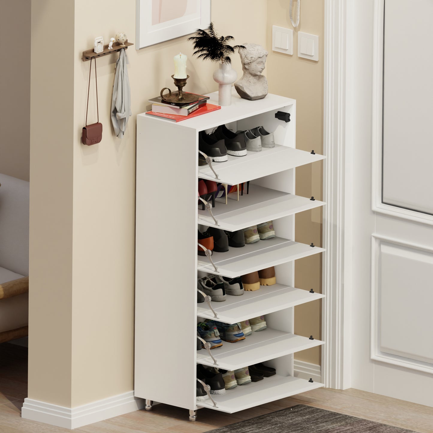 Mirror Shoe Cabinet With 6 Flip Drawers, Mirror Shoe Rack Organizer Store Ample Shoes, Mirror Shoe Storage With 4 Metal Legs, Door Opening Using Hand-Touch Flip-Out Door, White Shoe Storage
