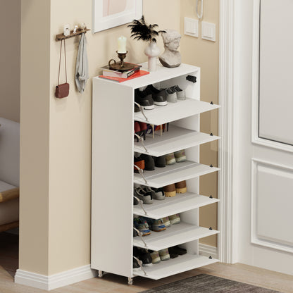 Mirror Shoe Cabinet With 6 Flip Drawers, Mirror Shoe Rack Organizer Store Ample Shoes, Mirror Shoe Storage With 4 Metal Legs, Door Opening Using Hand-Touch Flip-Out Door, White Shoe Storage