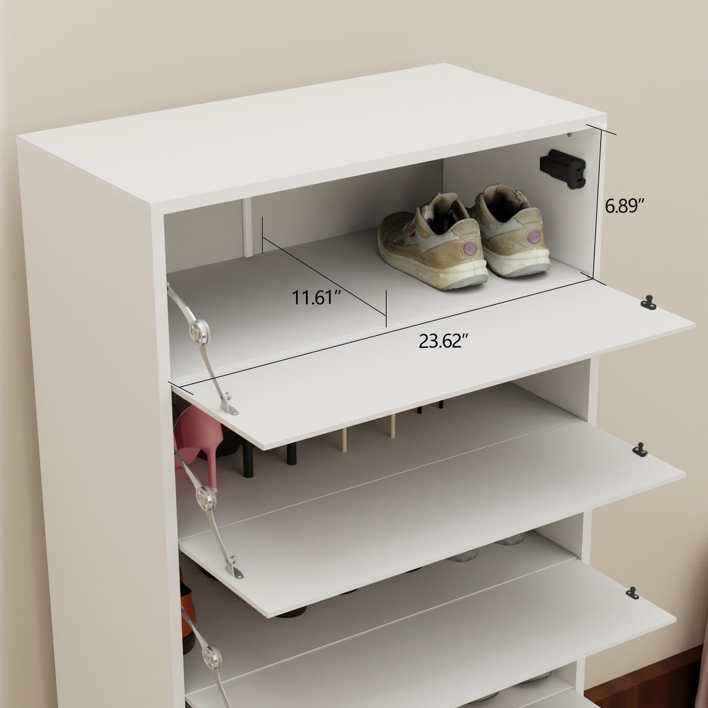 Mirror Shoe Cabinet With 6 Flip Drawers, Mirror Shoe Rack Organizer Store Ample Shoes, Mirror Shoe Storage With 4 Metal Legs, Door Opening Using Hand-Touch Flip-Out Door, White Shoe Storage