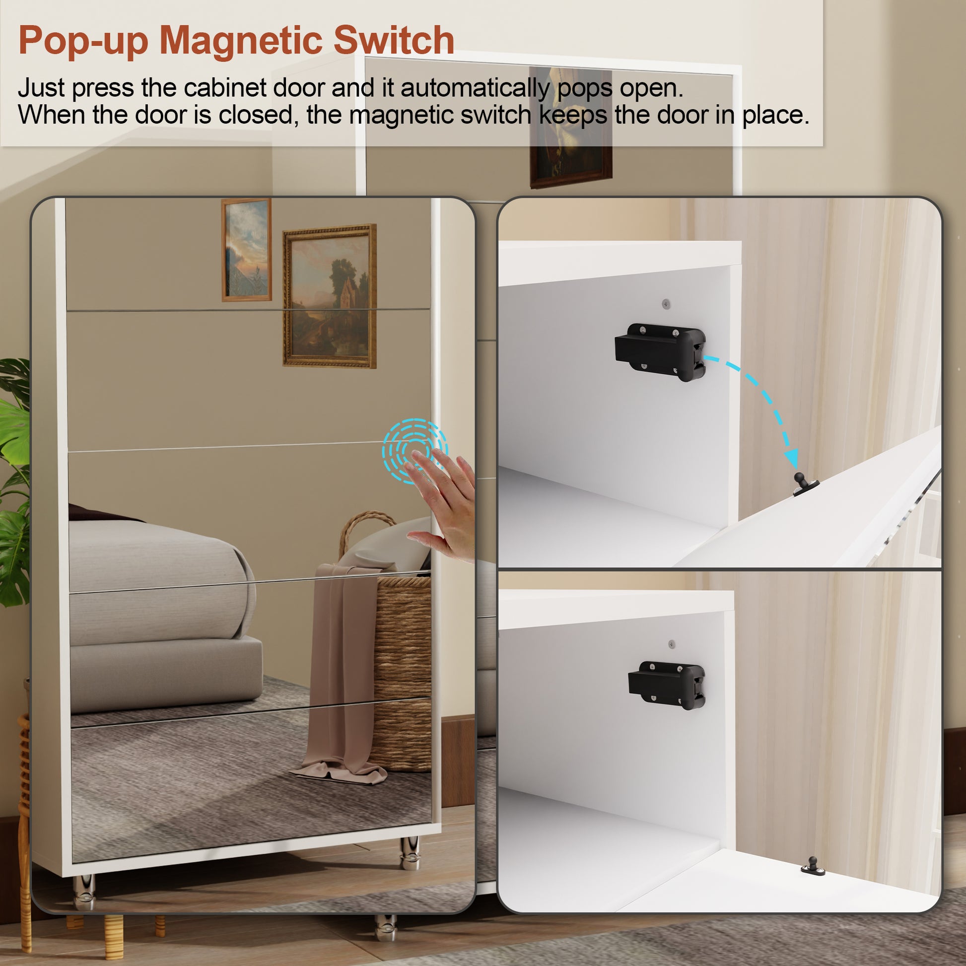 Mirror Shoe Cabinet With 6 Flip Drawers, Mirror Shoe Rack Organizer Store Ample Shoes, Mirror Shoe Storage With 4 Metal Legs, Door Opening Using Hand-Touch Flip-Out Door, White Shoe Storage