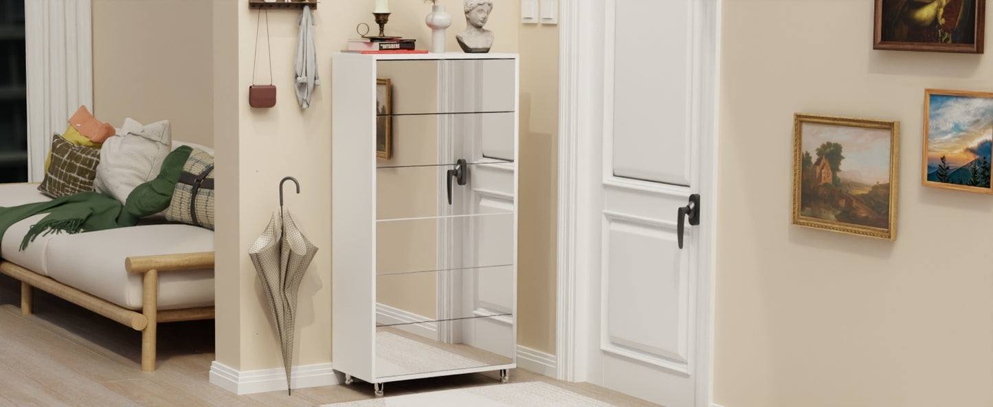 Mirror Shoe Cabinet With 6 Flip Drawers, Mirror Shoe Rack Organizer Store Ample Shoes, Mirror Shoe Storage With 4 Metal Legs, Door Opening Using Hand-Touch Flip-Out Door, White Shoe Storage