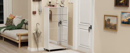 Mirror Shoe Cabinet With 6 Flip Drawers, Mirror Shoe Rack Organizer Store Ample Shoes, Mirror Shoe Storage With 4 Metal Legs, Door Opening Using Hand-Touch Flip-Out Door, White Shoe Storage