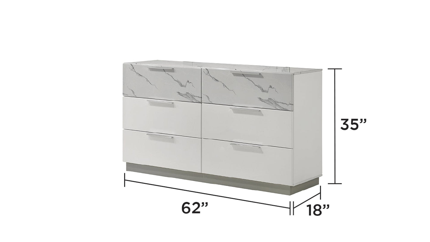 Mist Dresser White | Two-Tone High-Gloss Marble & Lacquer Finish 6-Drawers, Velvet-Lined Interiors Dresser