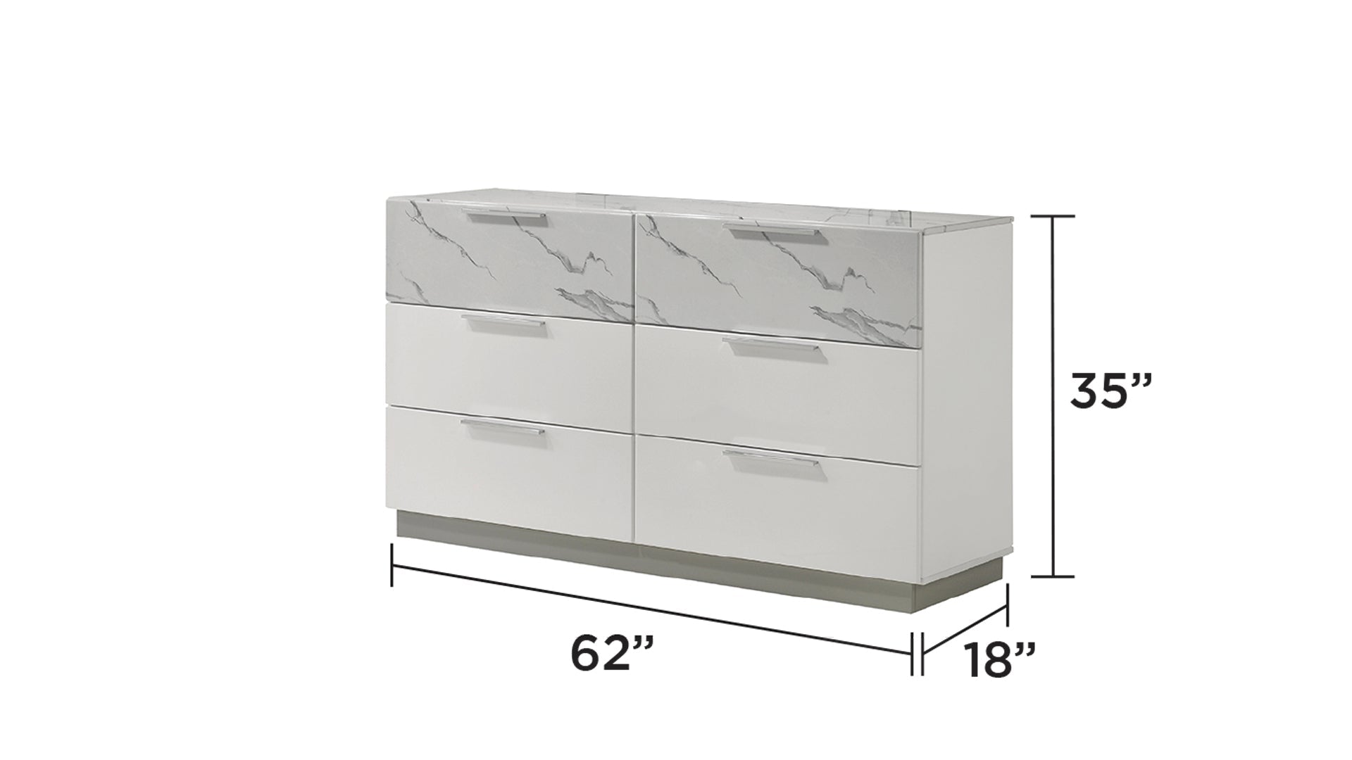 Mist Dresser White | Two-Tone High-Gloss Marble & Lacquer Finish 6-Drawers, Velvet-Lined Interiors Dresser
