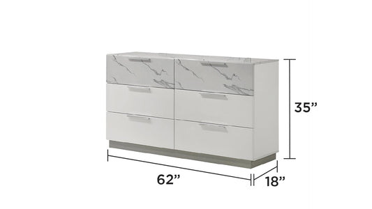 Mist Dresser White | Two-Tone High-Gloss Marble & Lacquer Finish 6-Drawers, Velvet-Lined Interiors Dresser