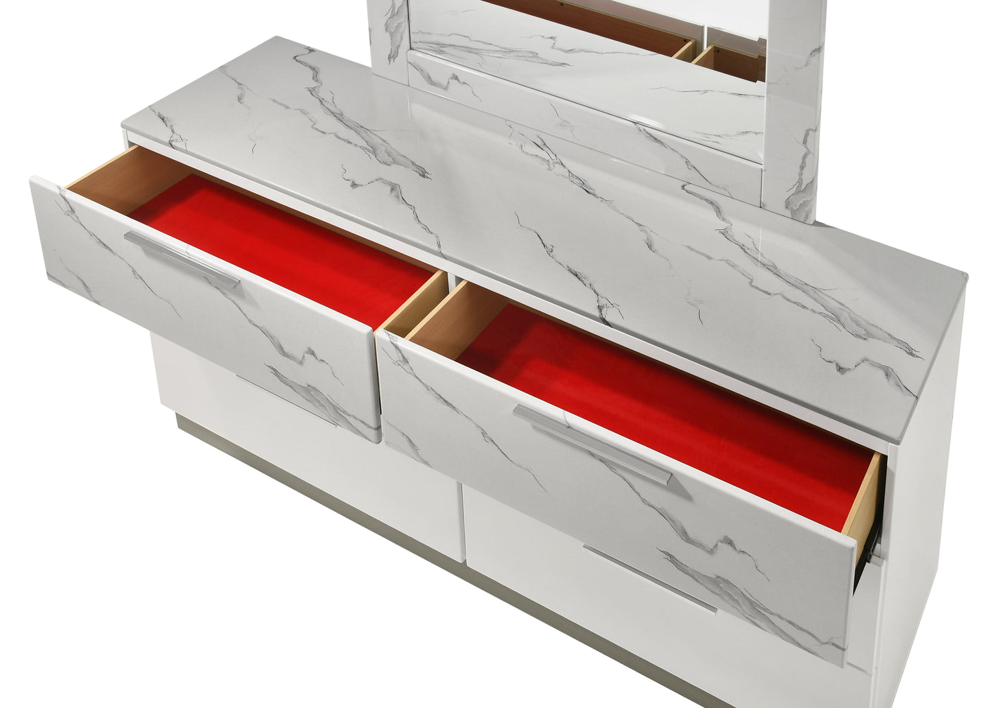 Mist Dresser White | Two-Tone High-Gloss Marble & Lacquer Finish 6-Drawers, Velvet-Lined Interiors Dresser