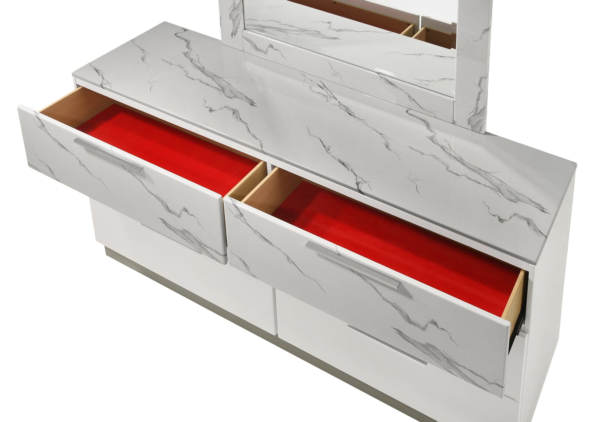 Mist Dresser White | Two-Tone High-Gloss Marble & Lacquer Finish 6-Drawers, Velvet-Lined Interiors Dresser