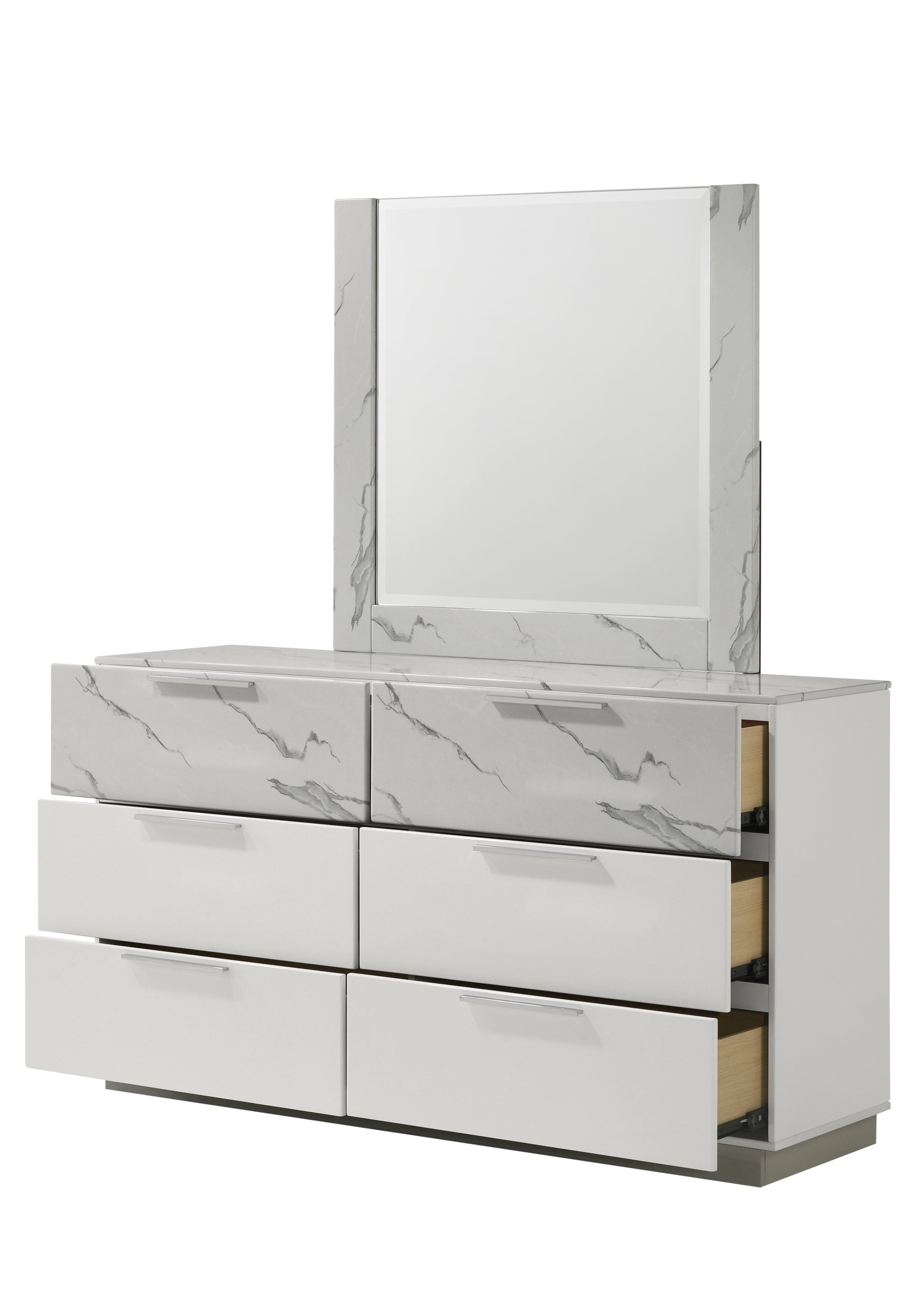 Mist Dresser White | Two-Tone High-Gloss Marble & Lacquer Finish 6-Drawers, Velvet-Lined Interiors Dresser