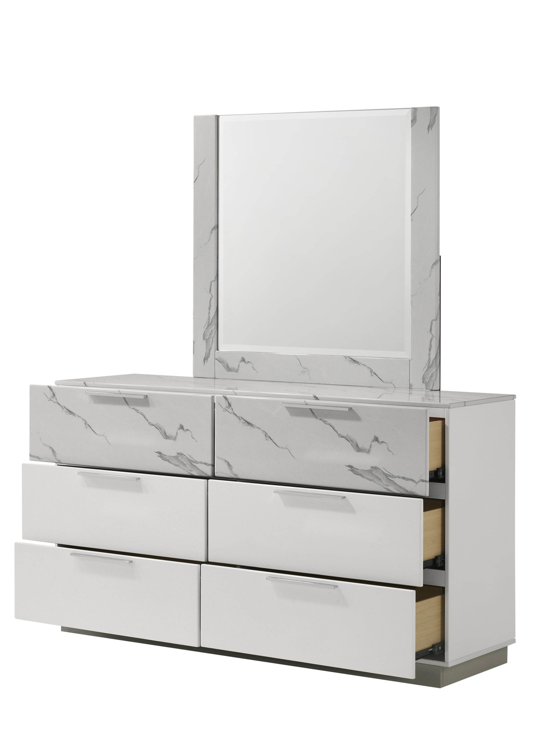 Mist Dresser White | Two-Tone High-Gloss Marble & Lacquer Finish 6-Drawers, Velvet-Lined Interiors Dresser