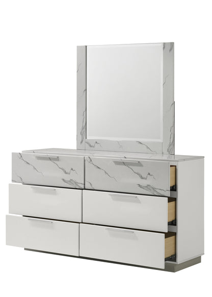 Mist Dresser White | Two-Tone High-Gloss Marble & Lacquer Finish 6-Drawers, Velvet-Lined Interiors Dresser
