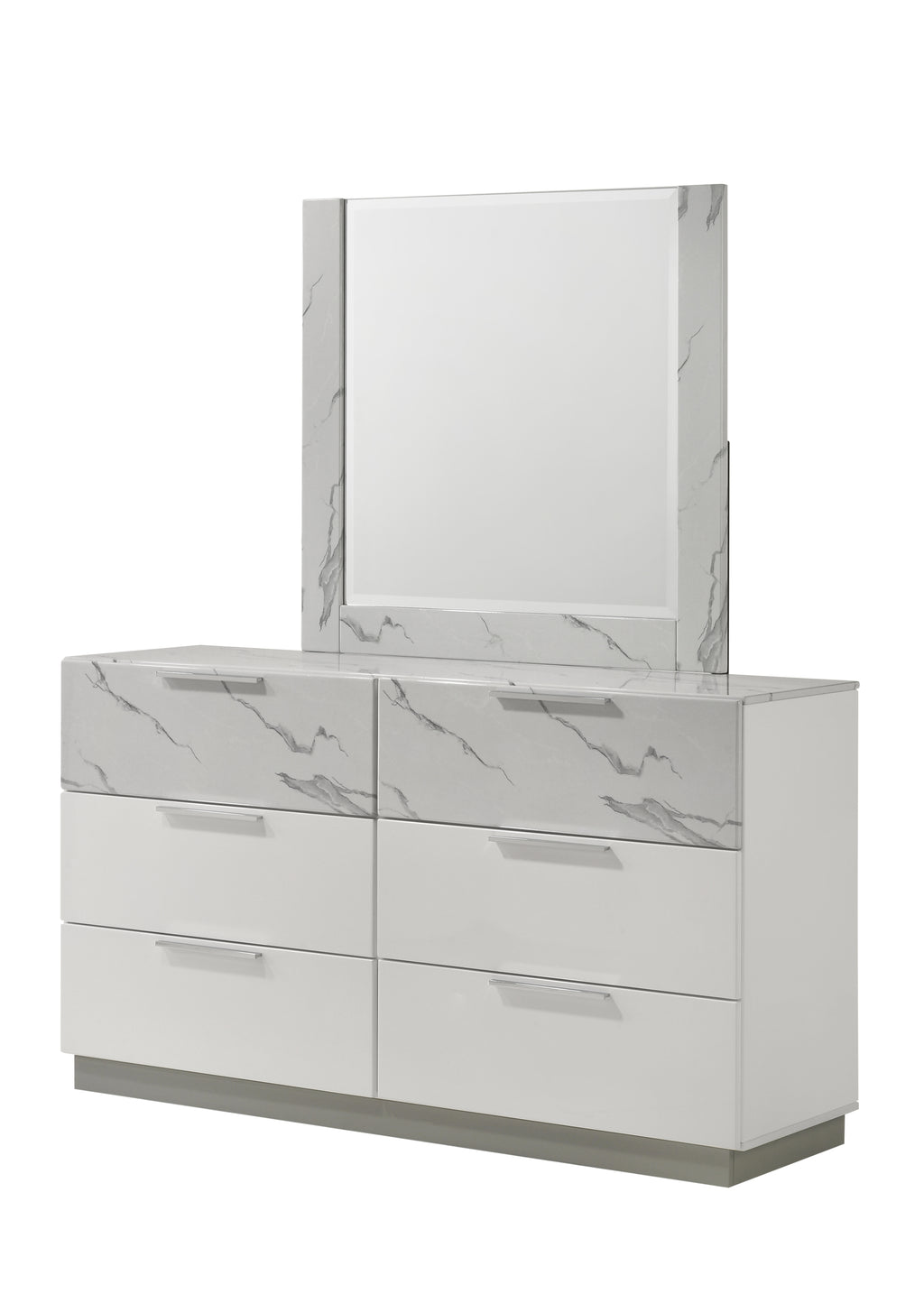 Mist Dresser White | Two-Tone High-Gloss Marble & Lacquer Finish 6-Drawers, Velvet-Lined Interiors Dresser