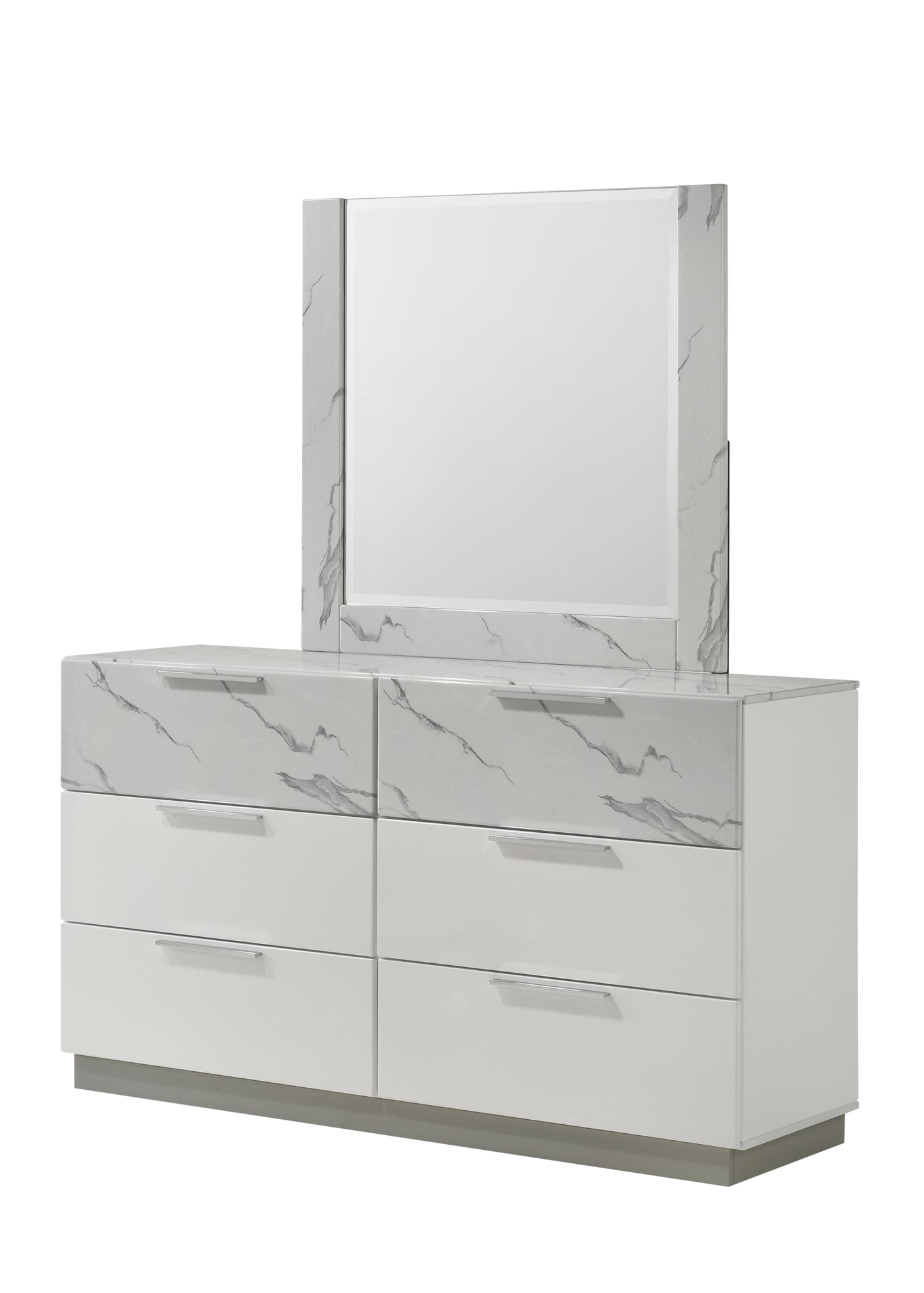 Mist Dresser White | Two-Tone High-Gloss Marble & Lacquer Finish 6-Drawers, Velvet-Lined Interiors Dresser