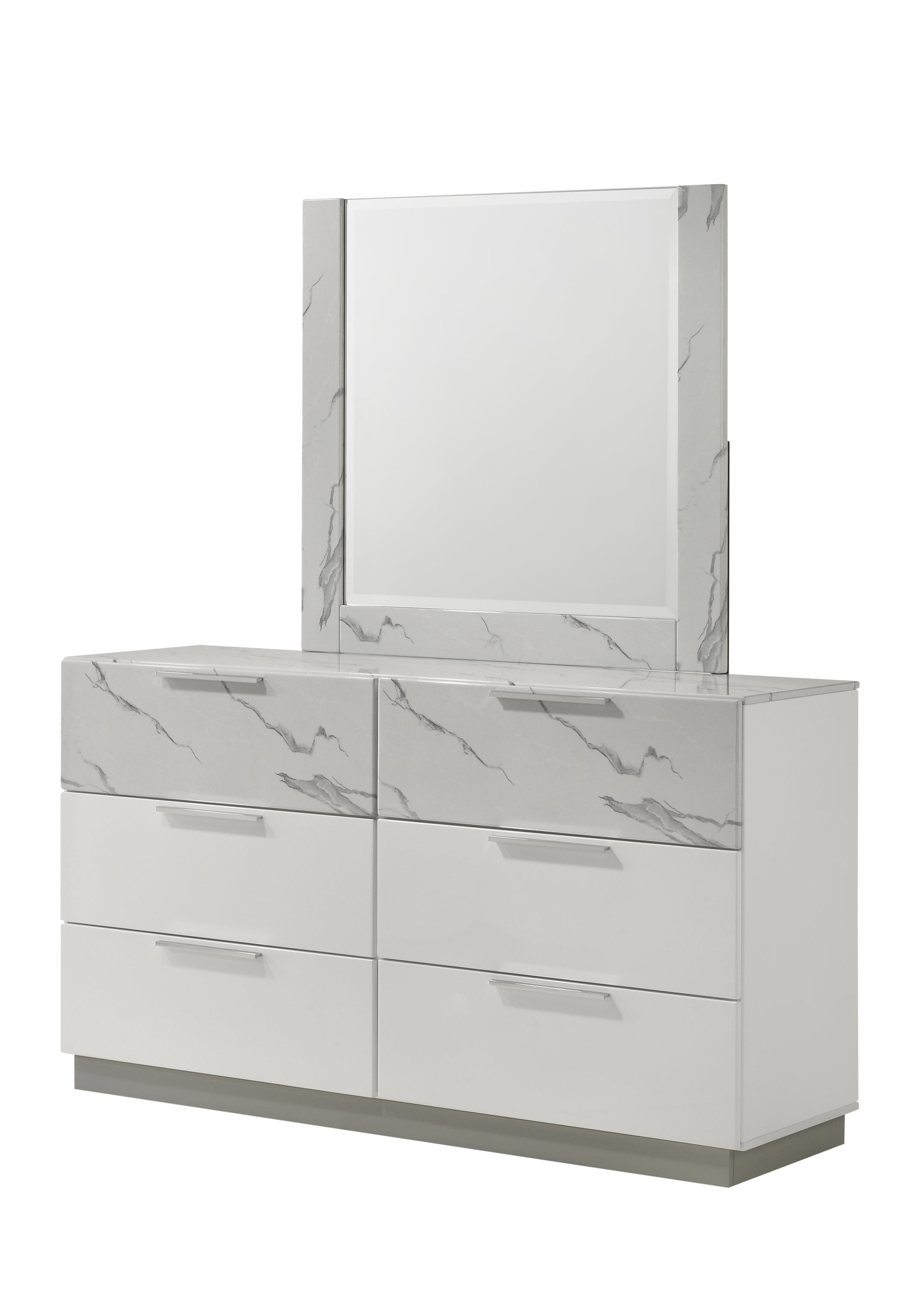 Mist Dresser White | Two-Tone High-Gloss Marble & Lacquer Finish 6-Drawers, Velvet-Lined Interiors Dresser