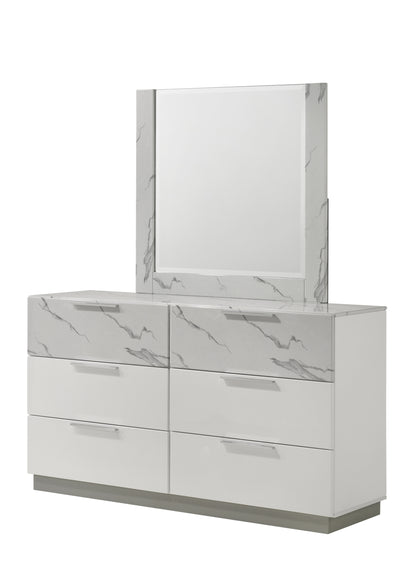 Mist Dresser White | Two-Tone High-Gloss Marble & Lacquer Finish 6-Drawers, Velvet-Lined Interiors Dresser