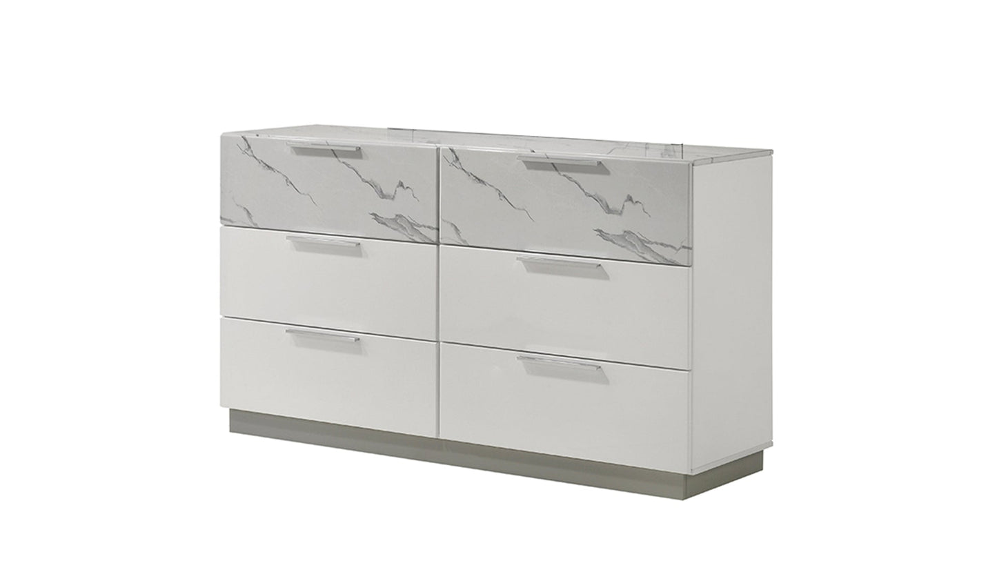 Mist Dresser White | Two-Tone High-Gloss Marble & Lacquer Finish 6-Drawers, Velvet-Lined Interiors Dresser