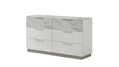 Mist Dresser White | Two-Tone High-Gloss Marble & Lacquer Finish 6-Drawers, Velvet-Lined Interiors Dresser