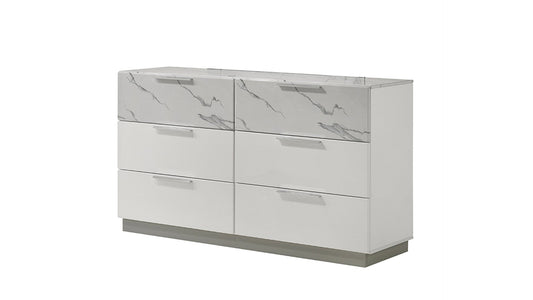 Mist Dresser White | Two-Tone High-Gloss Marble & Lacquer Finish 6-Drawers, Velvet-Lined Interiors Dresser
