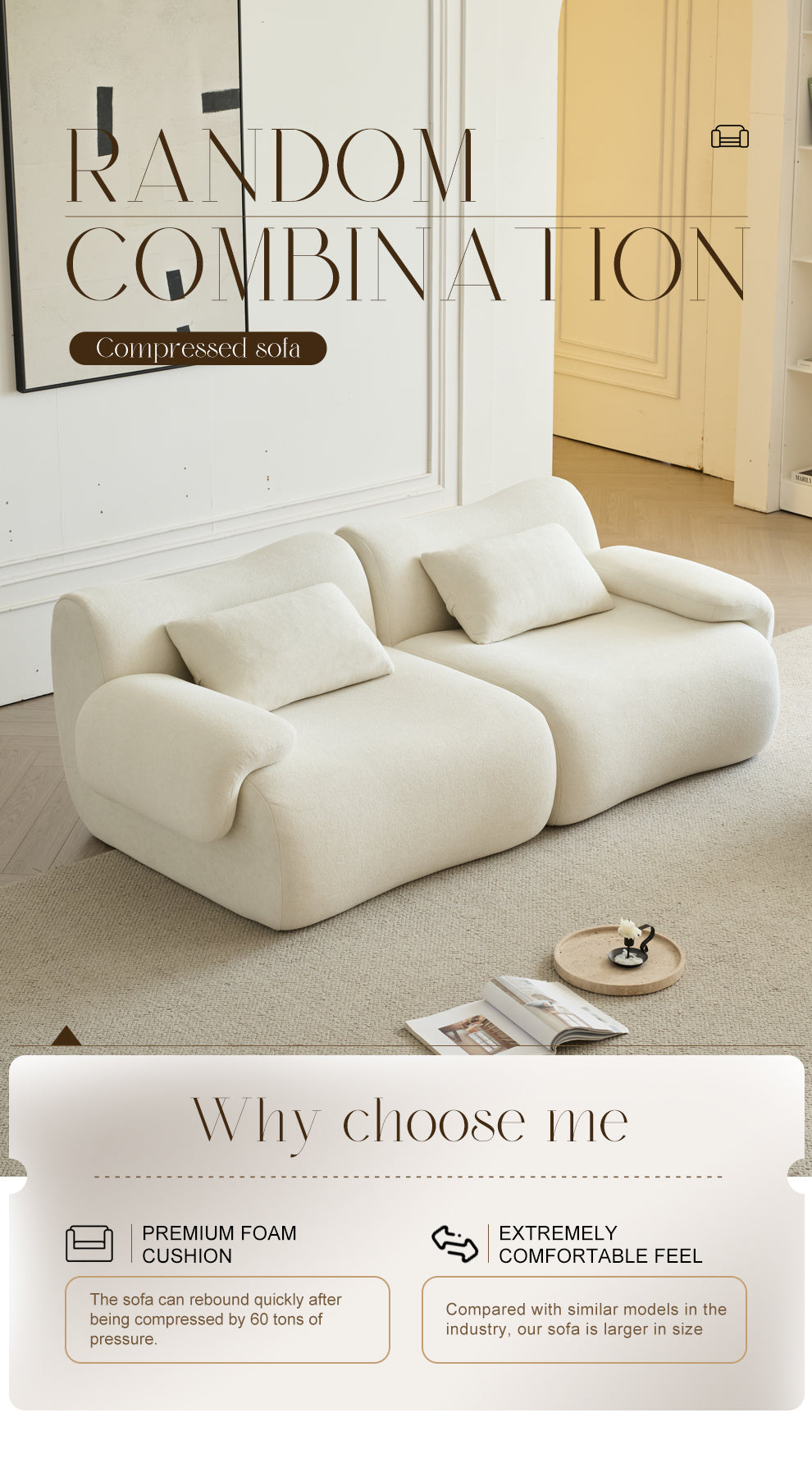 Sofa in a Box, Memory Foam 2-Seater Couch, Modern Compression Sofa with Deep Seat, No Assembly Required, Couch for Living Room Bedroom Apartment, White