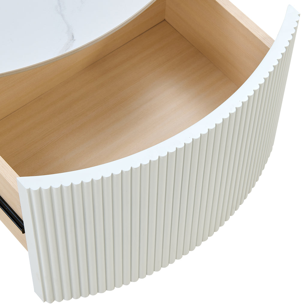 Modern Round Movable Coffee Table with Casters, 2 Drawers, Marble Pattern Sintered Stone Top, White, 29.5' Coffee Table