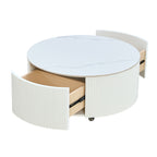 Modern Round Movable Coffee Table with Casters, 2 Drawers, Marble Pattern Sintered Stone Top, White, 29.5' Coffee Table