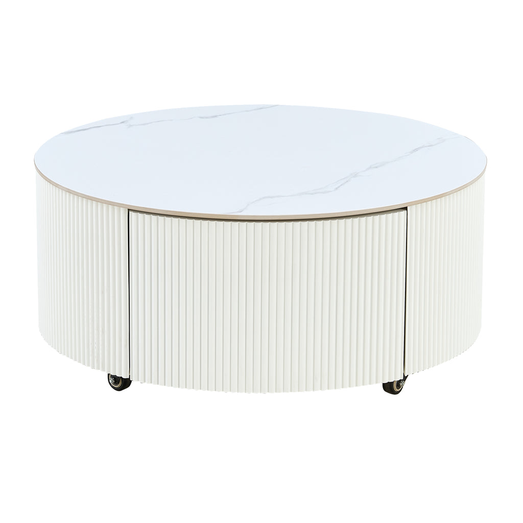 Modern Round Movable Coffee Table with Casters, 2 Drawers, Marble Pattern Sintered Stone Top, White, 29.5' Coffee Table