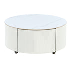 Modern Round Movable Coffee Table with Casters, 2 Drawers, Marble Pattern Sintered Stone Top, White, 29.5' Coffee Table