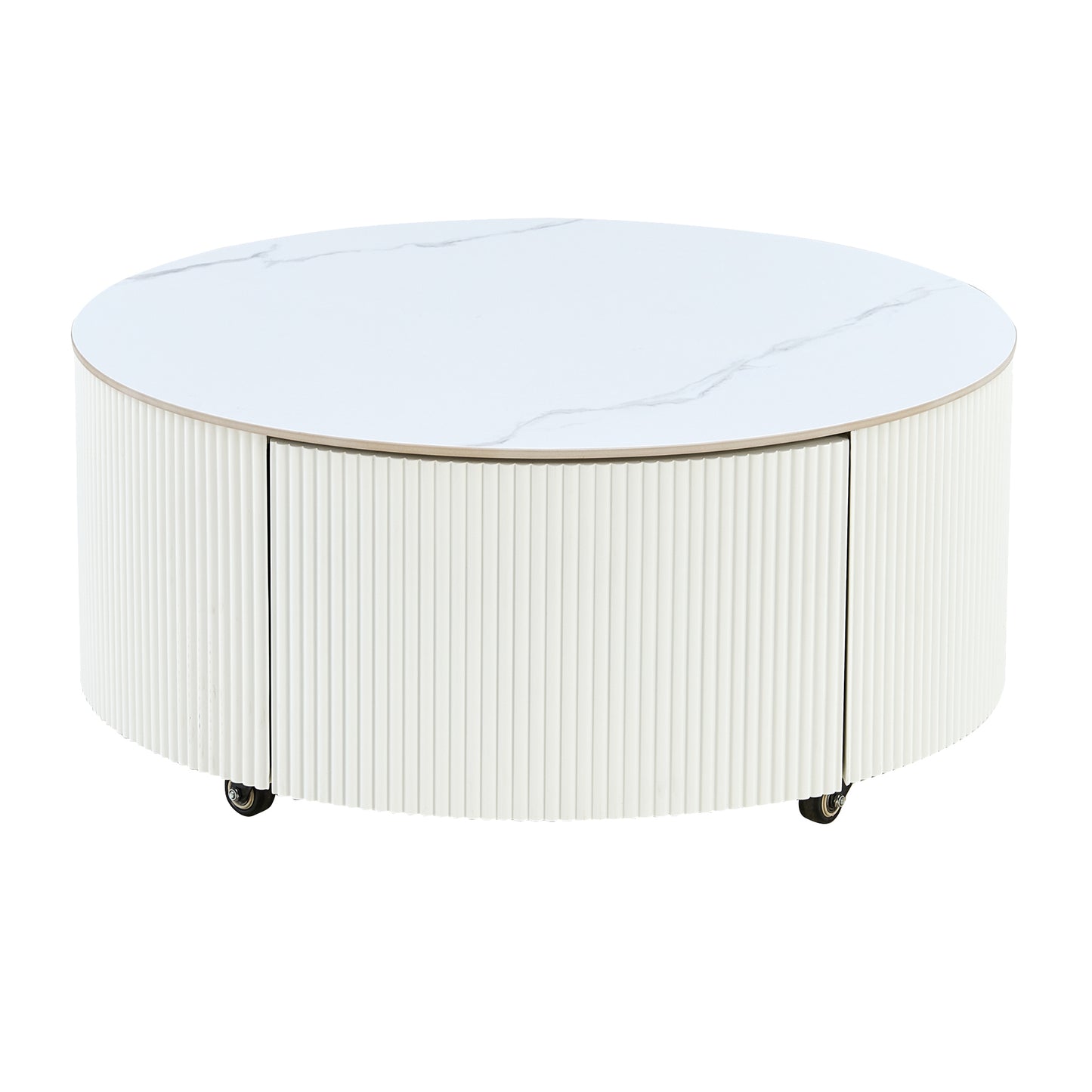 Modern Round Movable Coffee Table with Casters, 2 Drawers, Marble Pattern Sintered Stone Top, White, 29.5' Coffee Table
