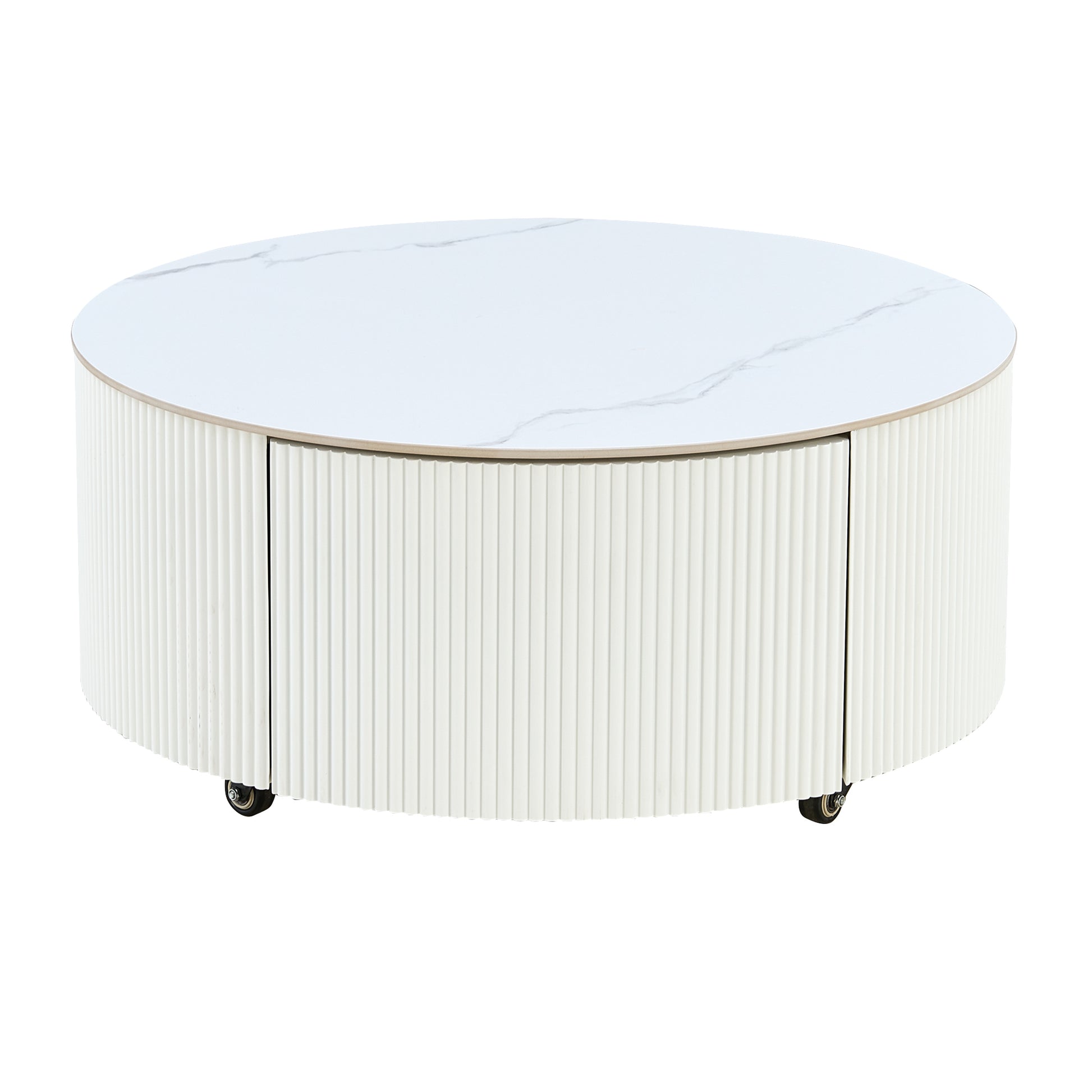 Modern Round Movable Coffee Table with Casters, 2 Drawers, Marble Pattern Sintered Stone Top, White, 29.5' Coffee Table