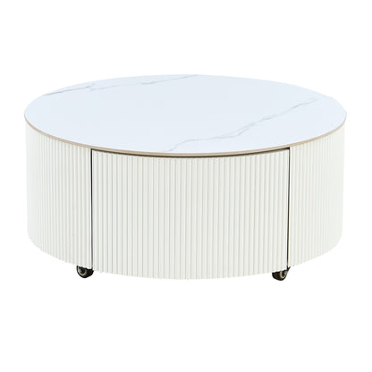 Modern Round Movable Coffee Table with Casters, 2 Drawers, Marble Pattern Sintered Stone Top, White, 29.5' Coffee Table