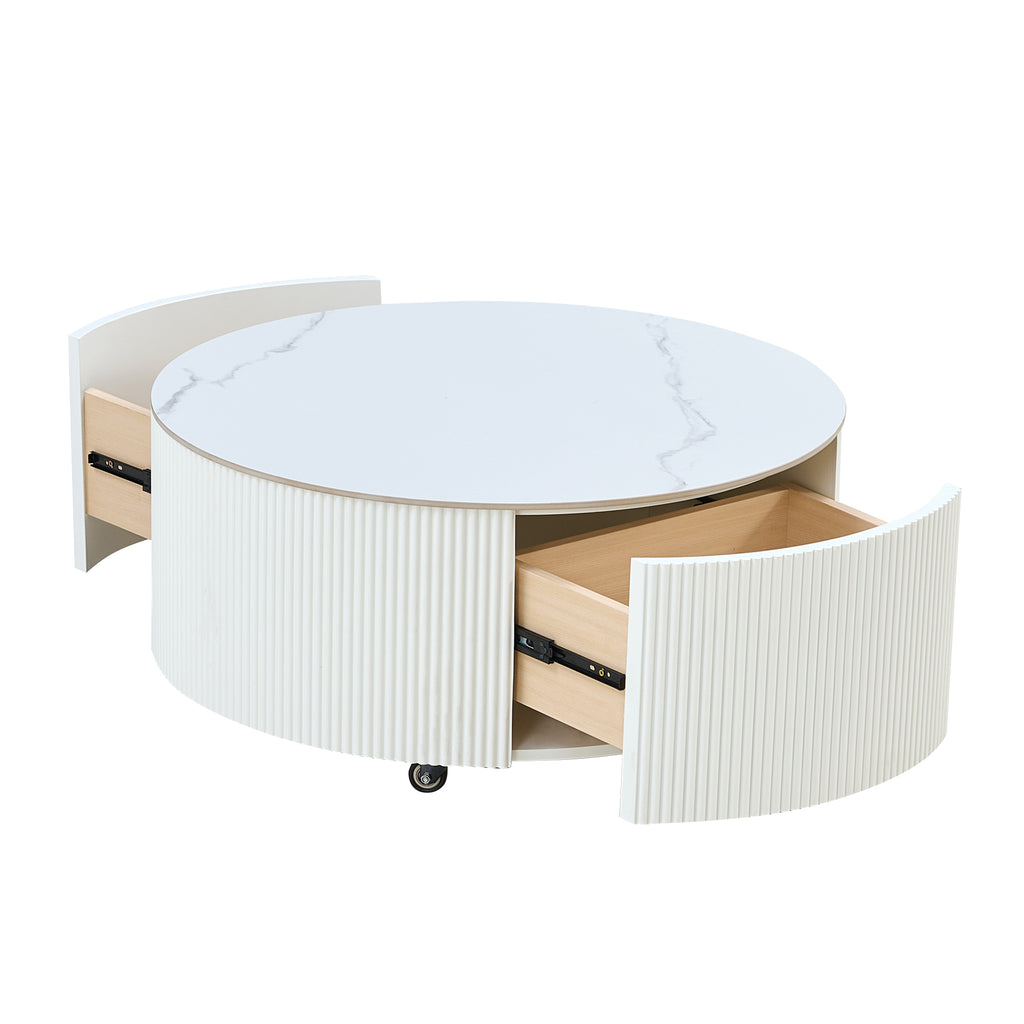 Modern Round Movable Coffee Table with Casters, 2 Drawers, Marble Pattern Sintered Stone Top, White, 29.5' Coffee Table