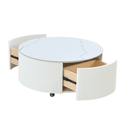 Modern Round Movable Coffee Table with Casters, 2 Drawers, Marble Pattern Sintered Stone Top, White, 29.5' Coffee Table