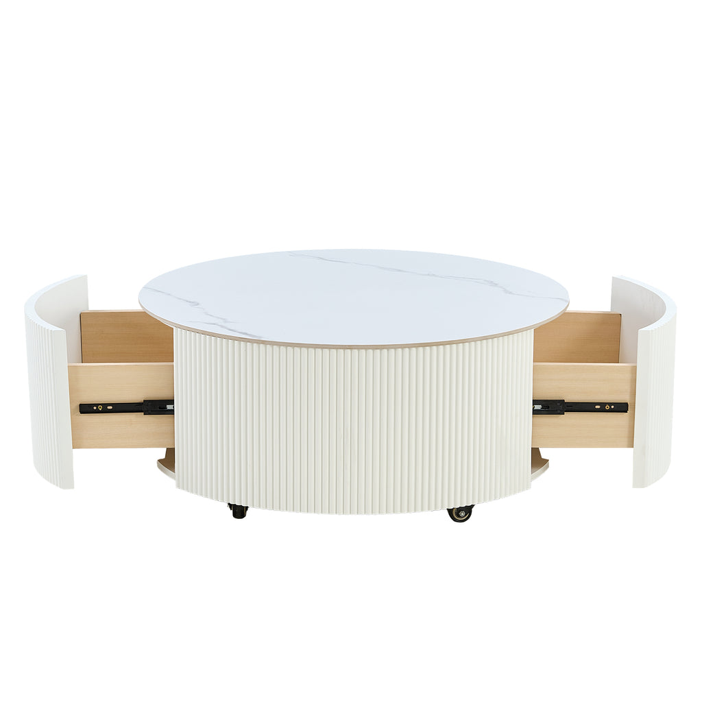 Modern Round Movable Coffee Table with Casters, 2 Drawers, Marble Pattern Sintered Stone Top, White, 29.5' Coffee Table