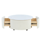 Modern Round Movable Coffee Table with Casters, 2 Drawers, Marble Pattern Sintered Stone Top, White, 29.5' Coffee Table