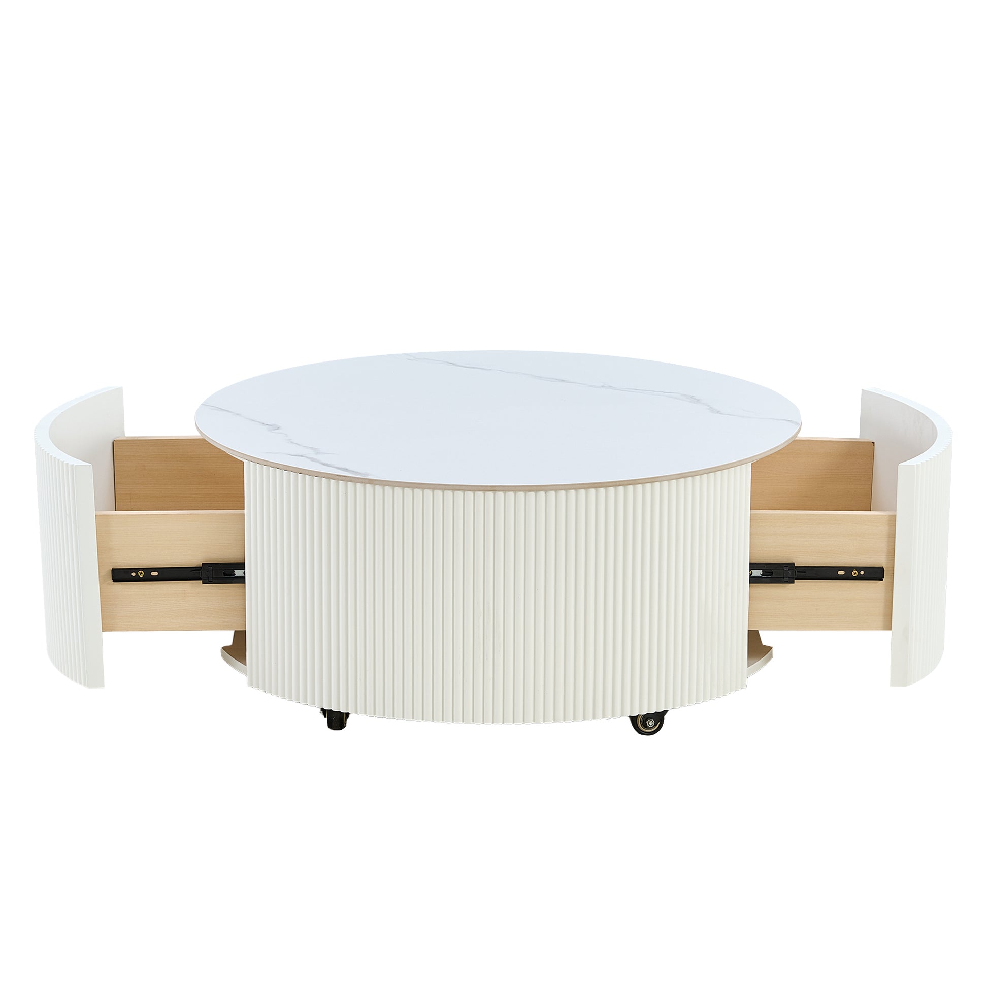 Modern Round Movable Coffee Table with Casters, 2 Drawers, Marble Pattern Sintered Stone Top, White, 29.5' Coffee Table