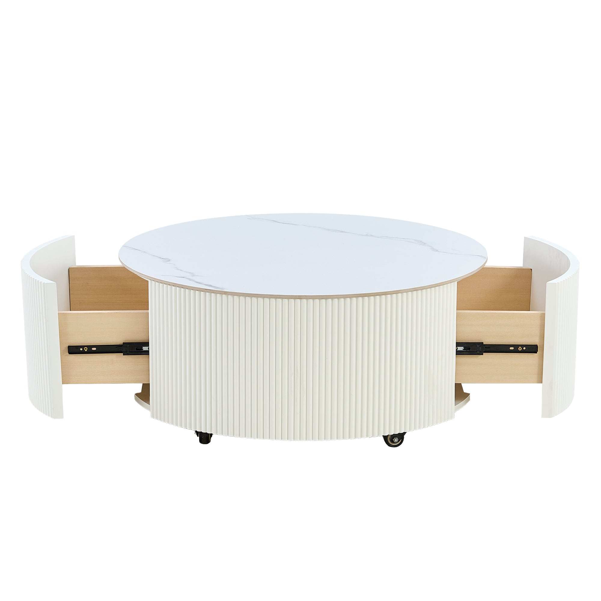 Modern Round Movable Coffee Table with Casters, 2 Drawers, Marble Pattern Sintered Stone Top, White, 29.5' Coffee Table