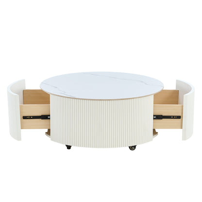 Modern Round Movable Coffee Table with Casters, 2 Drawers, Marble Pattern Sintered Stone Top, White, 29.5' Coffee Table