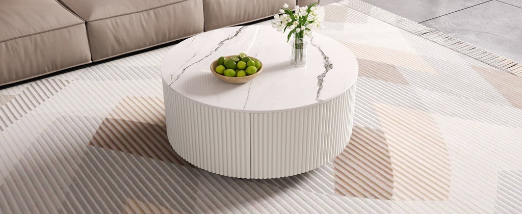 Modern Round Movable Coffee Table with Casters, 2 Drawers, Marble Pattern Sintered Stone Top, White, 29.5' Coffee Table