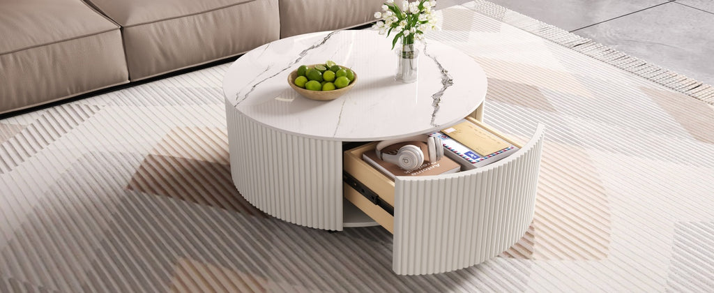 Modern Round Movable Coffee Table with Casters, 2 Drawers, Marble Pattern Sintered Stone Top, White, 29.5' Coffee Table