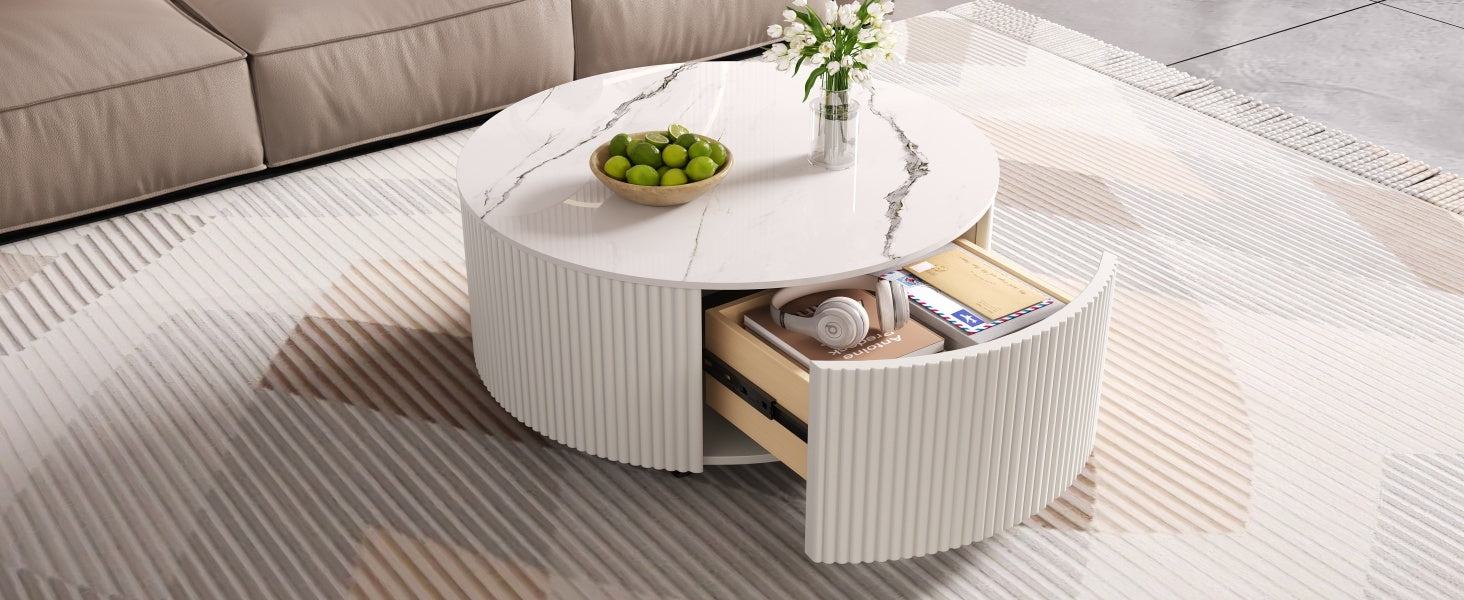 Modern Round Movable Coffee Table with Casters, 2 Drawers, Marble Pattern Sintered Stone Top, White, 29.5' Coffee Table