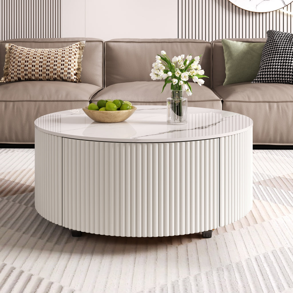 Modern Round Movable Coffee Table with Casters, 2 Drawers, Marble Pattern Sintered Stone Top, White, 29.5' Coffee Table