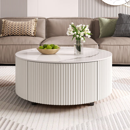 Modern Round Movable Coffee Table with Casters, 2 Drawers, Marble Pattern Sintered Stone Top, White, 29.5' Coffee Table