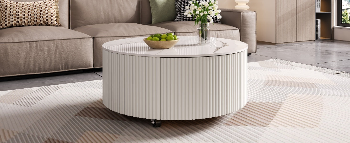 Modern Round Movable Coffee Table with Casters, 2 Drawers, Marble Pattern Sintered Stone Top, White, 29.5' Coffee Table