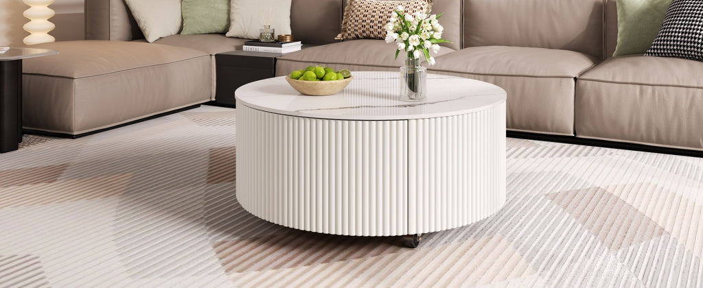 Modern Round Movable Coffee Table with Casters, 2 Drawers, Marble Pattern Sintered Stone Top, White, 29.5' Coffee Table